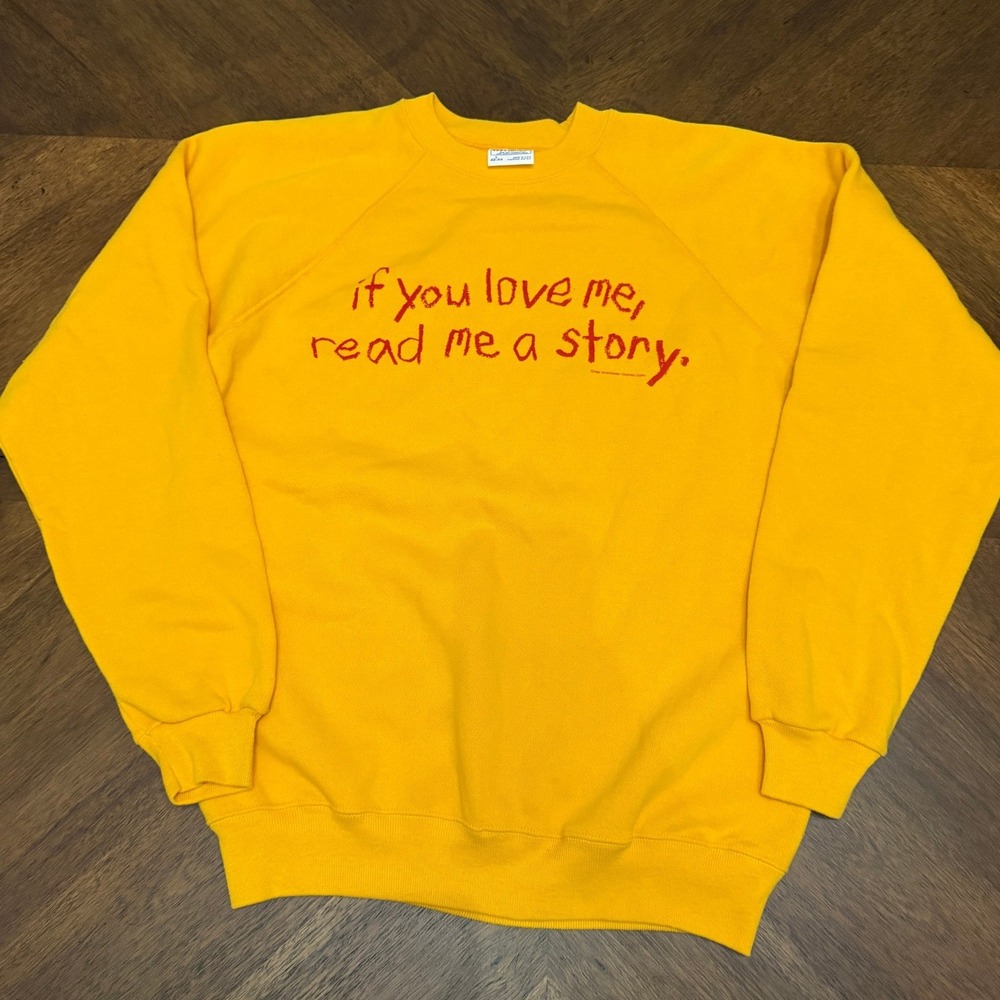 Vintage Hanes Yellow Sweatshirt Read Me A Story Graphic Pullover Large USA Made